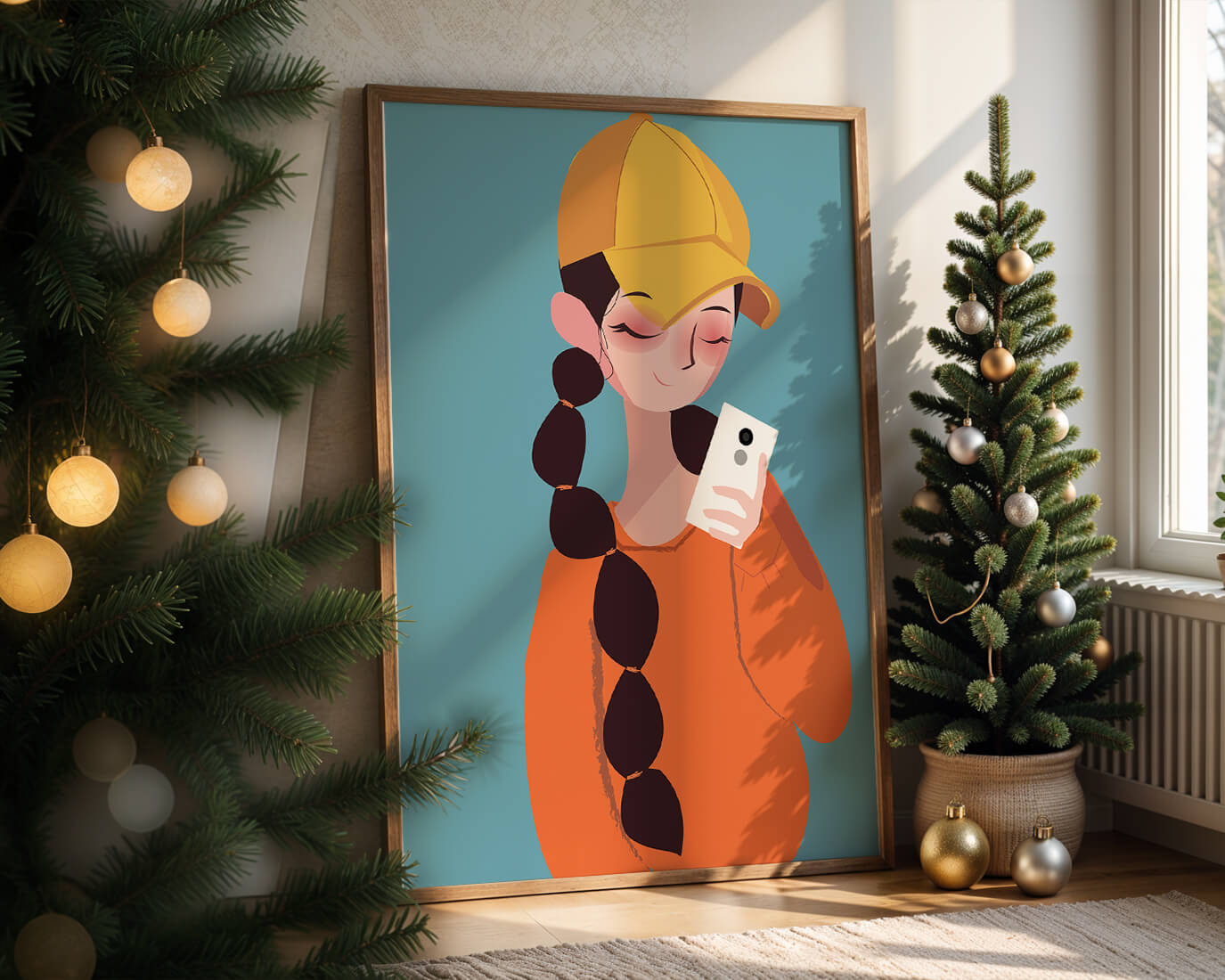 Colorful illustration of a girl with a smartphone