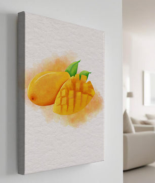 Watercolor depiction of a ripe mango with leaves on textured background