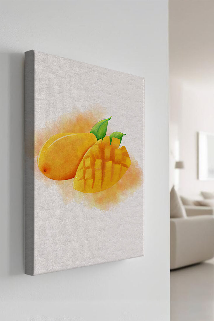 Watercolor depiction of a ripe mango with leaves on textured background