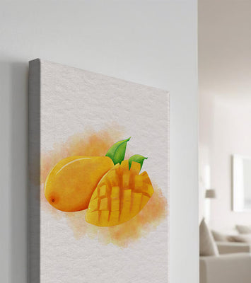 Watercolor depiction of a ripe mango with leaves on textured background