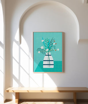 Floral Arrangement In Minimalist Vase On Teal Background - Mi tienda