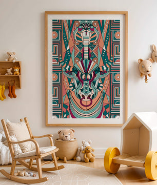 Ilustración art déco geométrica intrincada de serpiente y toro