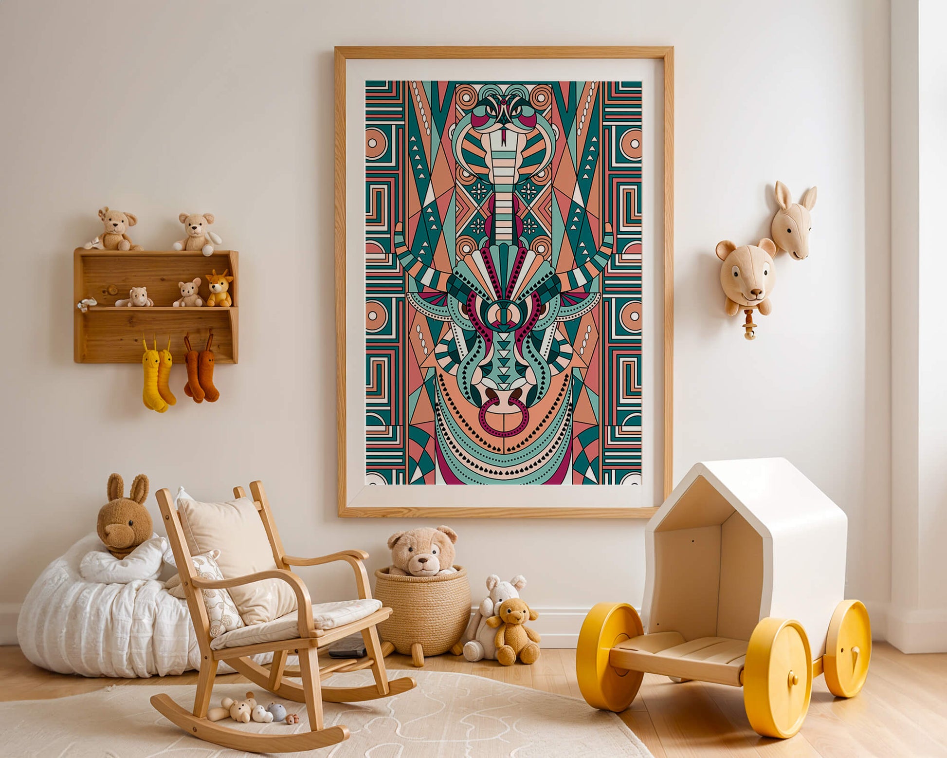 Ilustración art déco geométrica intrincada de serpiente y toro