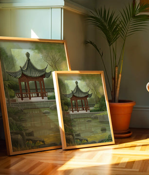 Tranquil Asian garden scene with traditional pagoda and serene pond