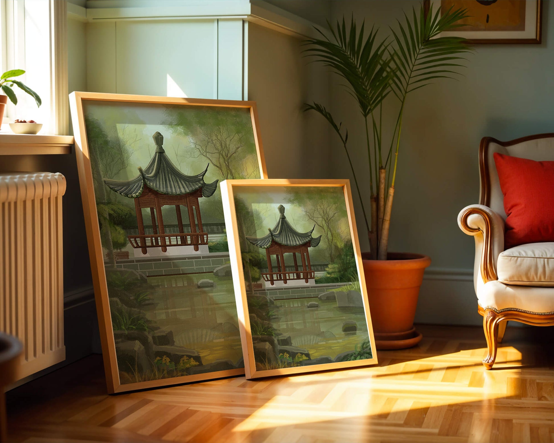 Tranquil Asian garden scene with traditional pagoda and serene pond