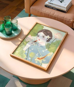 Elegant Woman in Traditional Dress with Lotus and Koi Fish - Mi tienda
