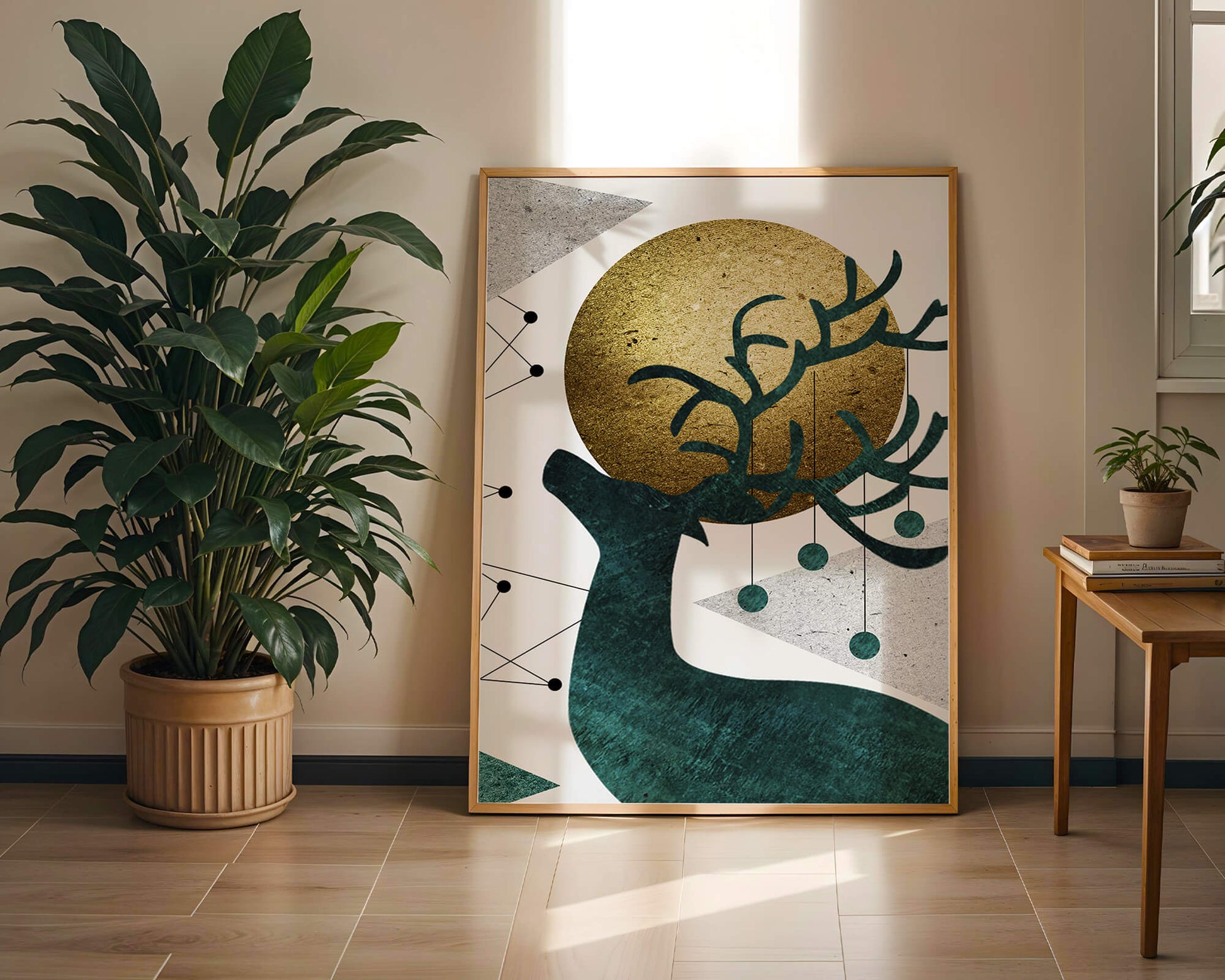 Abstract Geometric Deer with Gold Circle and Modern Design
