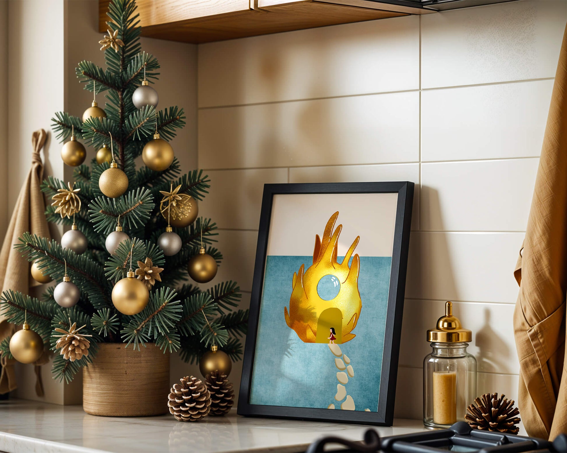 Enchanted House With Golden Flame Shape On Light Blue Background