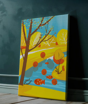 Paysage d'automne coloré avec rivière et arbres vibrants