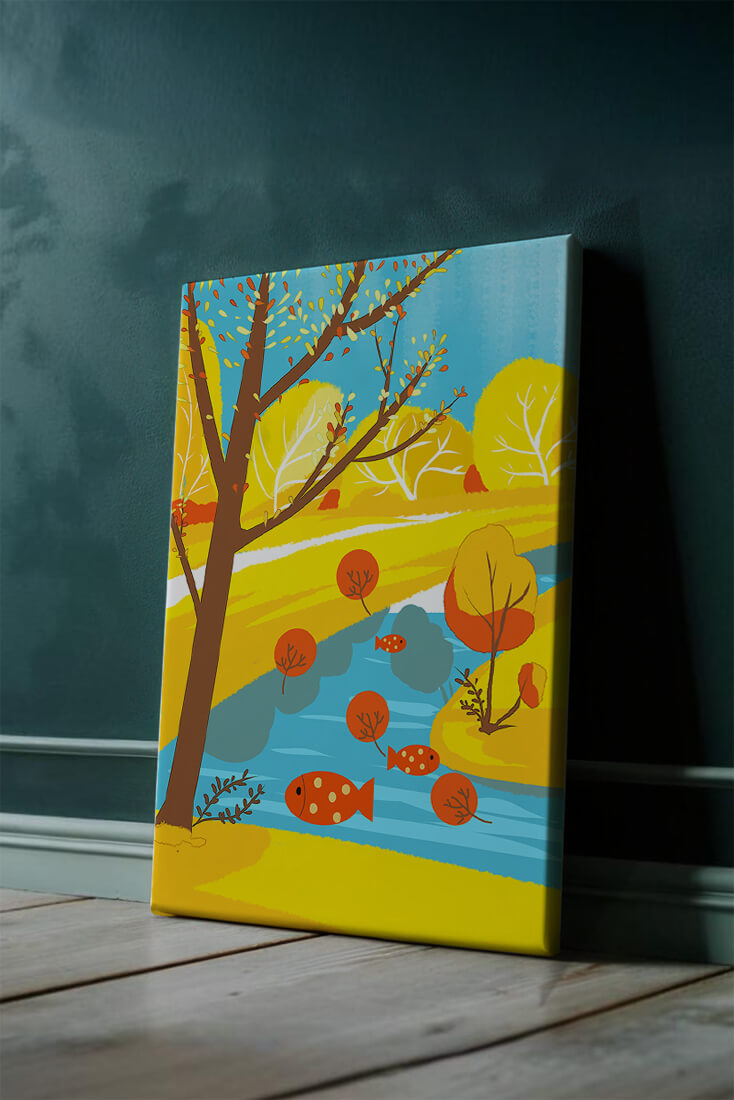 Paysage d'automne coloré avec rivière et arbres vibrants