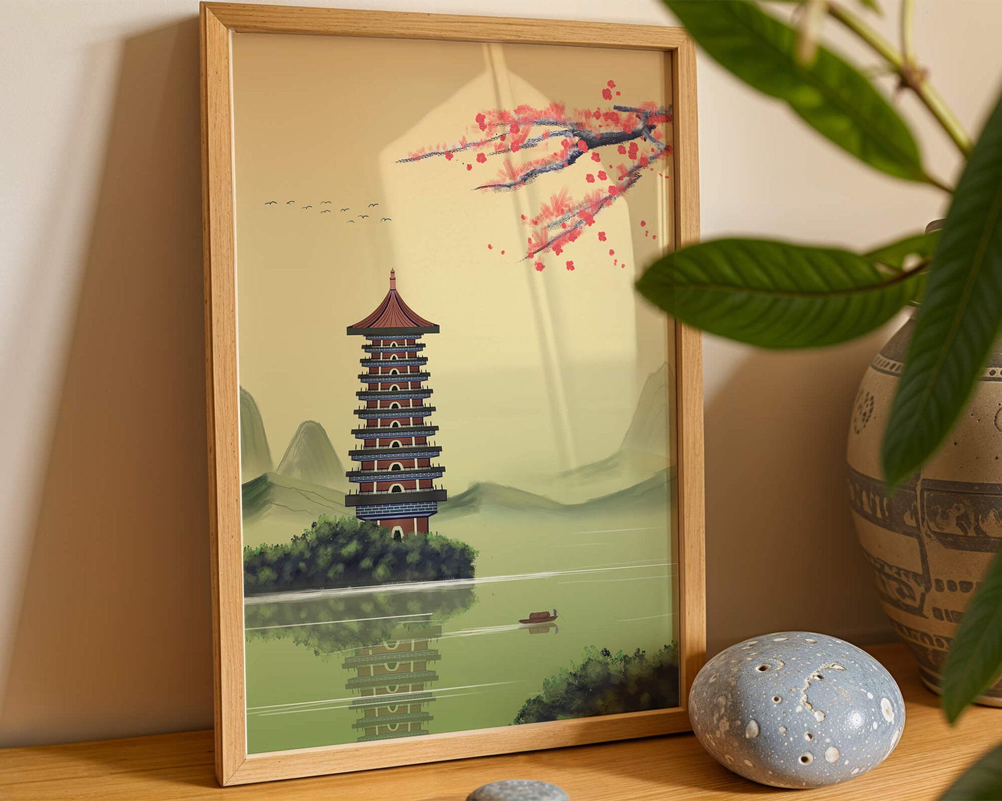 Serene landscape with traditional pagoda and blooming cherry blossoms