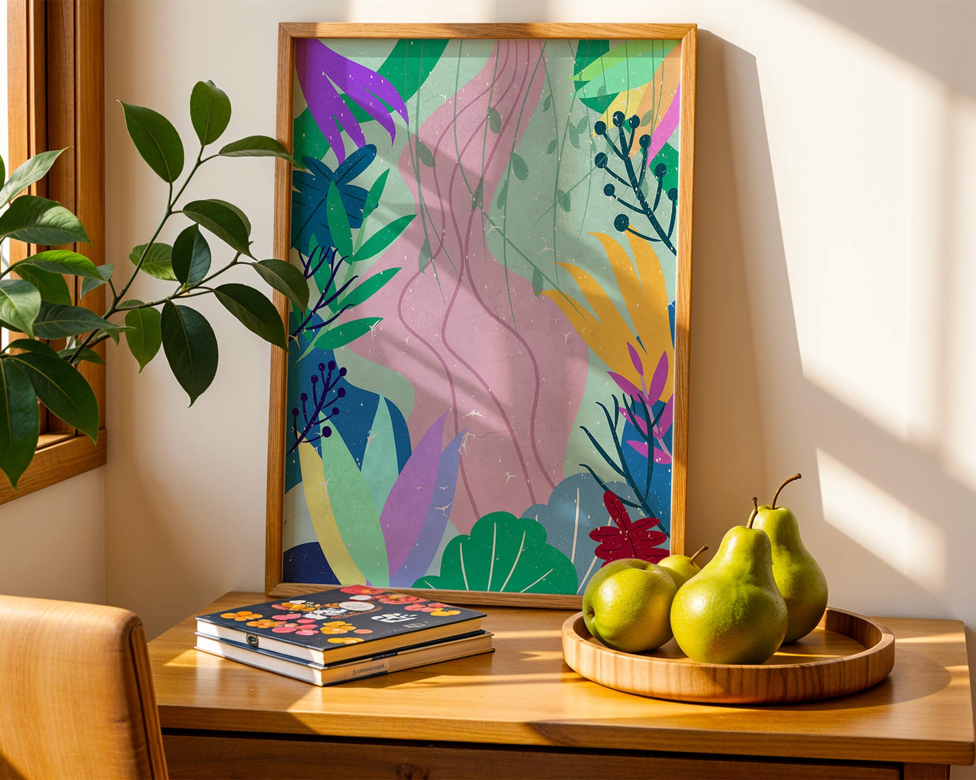 Abstract Botanic Composition with Vibrant Leaves and Shapes