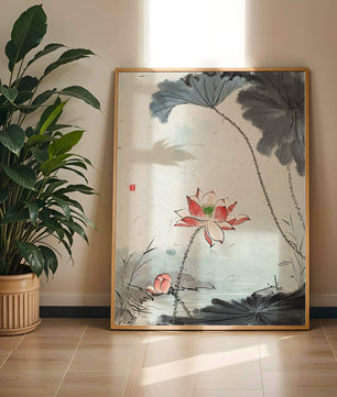 Aquarell Lotusblüte mit Seerosenblättern in ruhiger Szene
