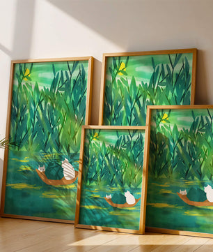 Paisaje sereno con gatos en un bote en medio de una vegetación exuberante