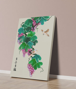 Watercolor grapevine and birds illustration with traditional art style