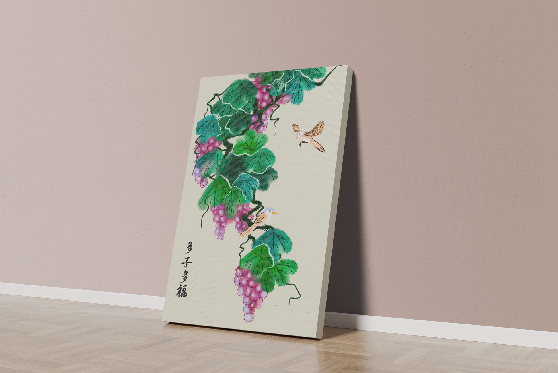 Watercolor grapevine and birds illustration with traditional art style