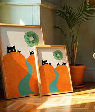 Playful Cats and Smiling Kiwi in Vibrant Hills