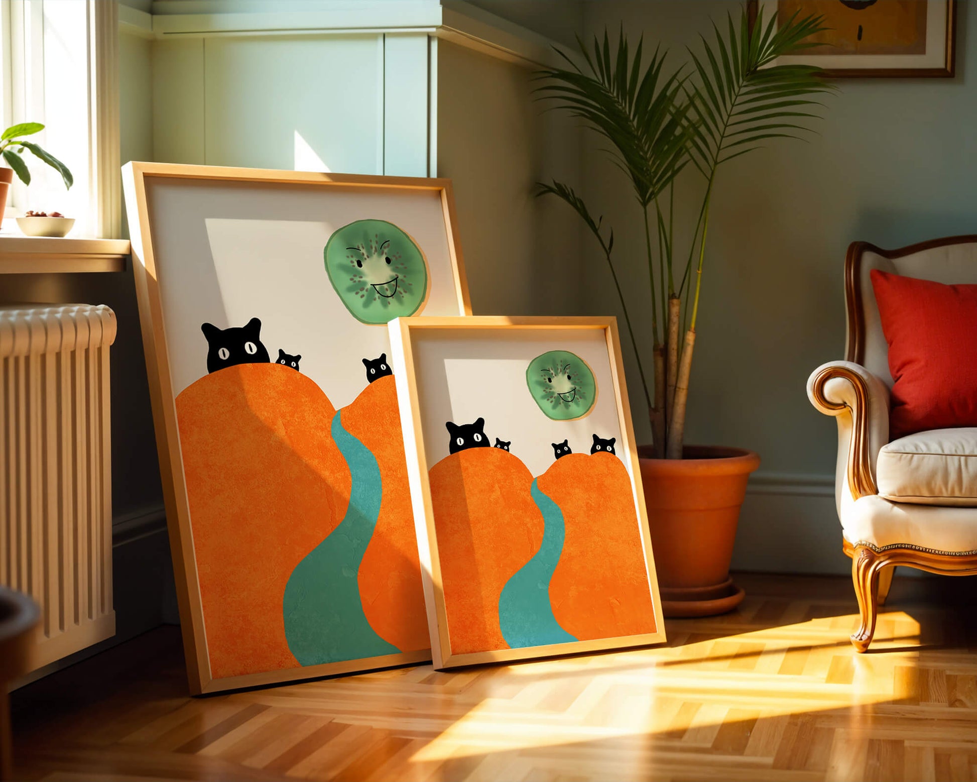 Playful Cats and Smiling Kiwi in Vibrant Hills