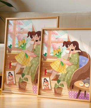Mother and Daughter Embracing by the Window with Flowers