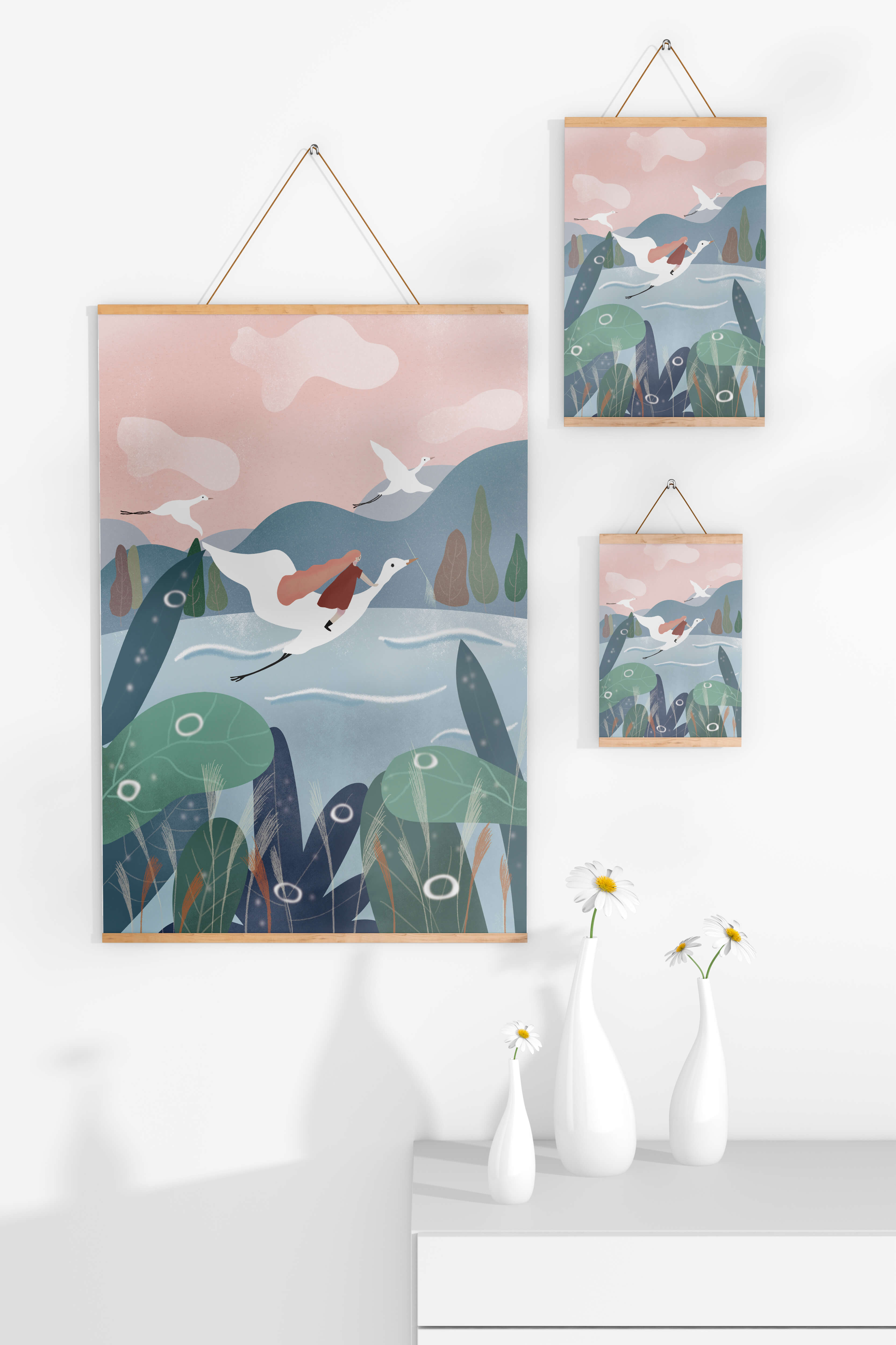 Whimsical landscape with flying birds and pink sky