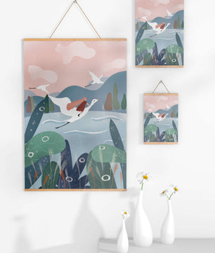 Whimsical landscape with flying birds and pink sky