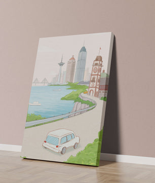 Scenic coastal cityscape with modern buildings and a classic clock tower