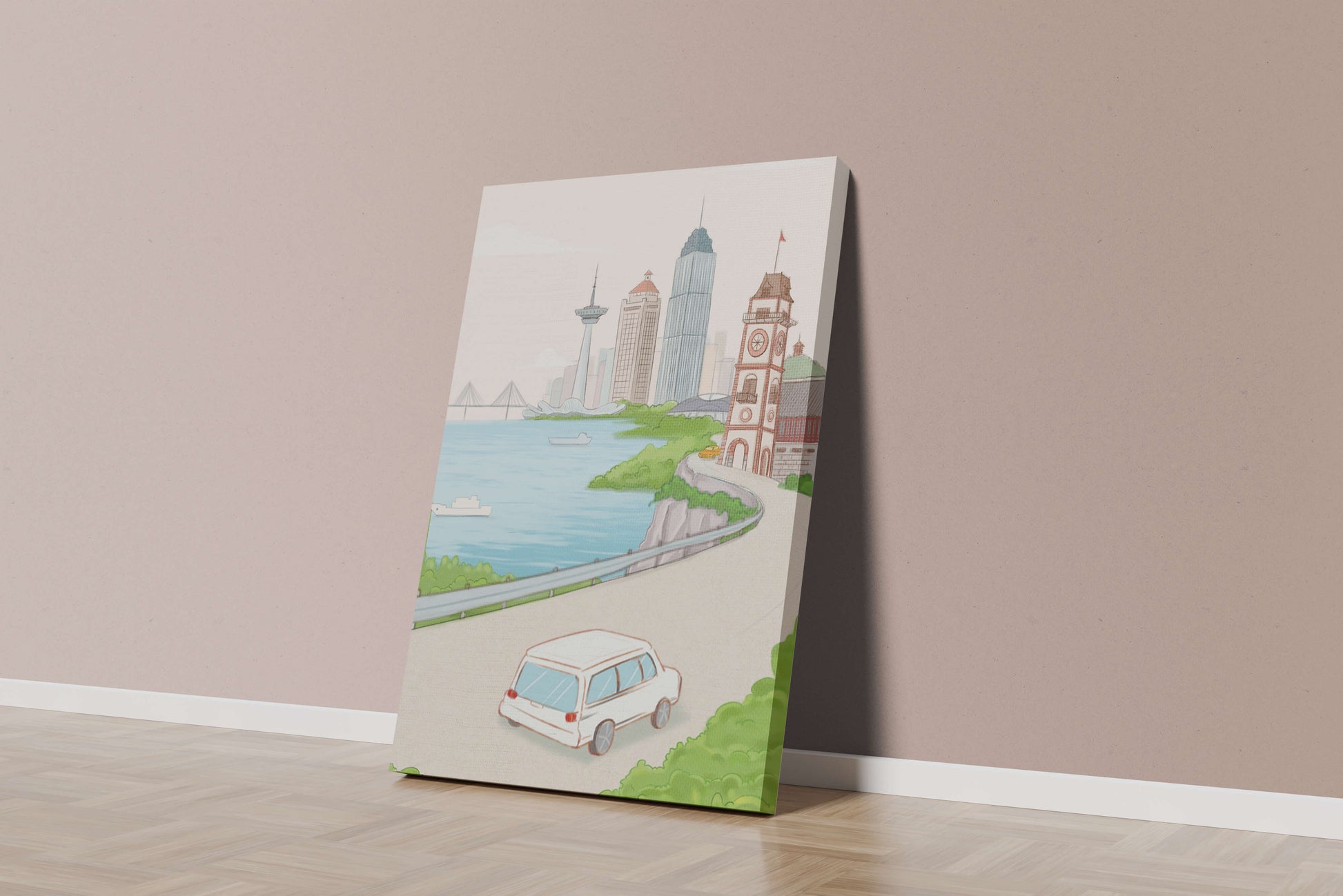 Scenic coastal cityscape with modern buildings and a classic clock tower