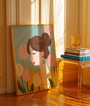 Serene woman surrounded by pastel tulips illustration