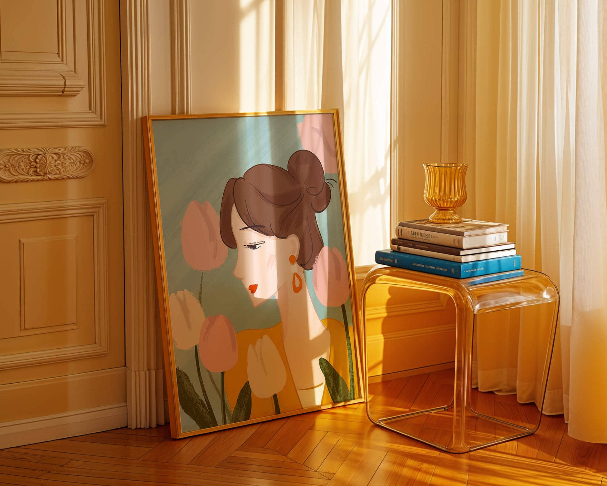 Serene woman surrounded by pastel tulips illustration