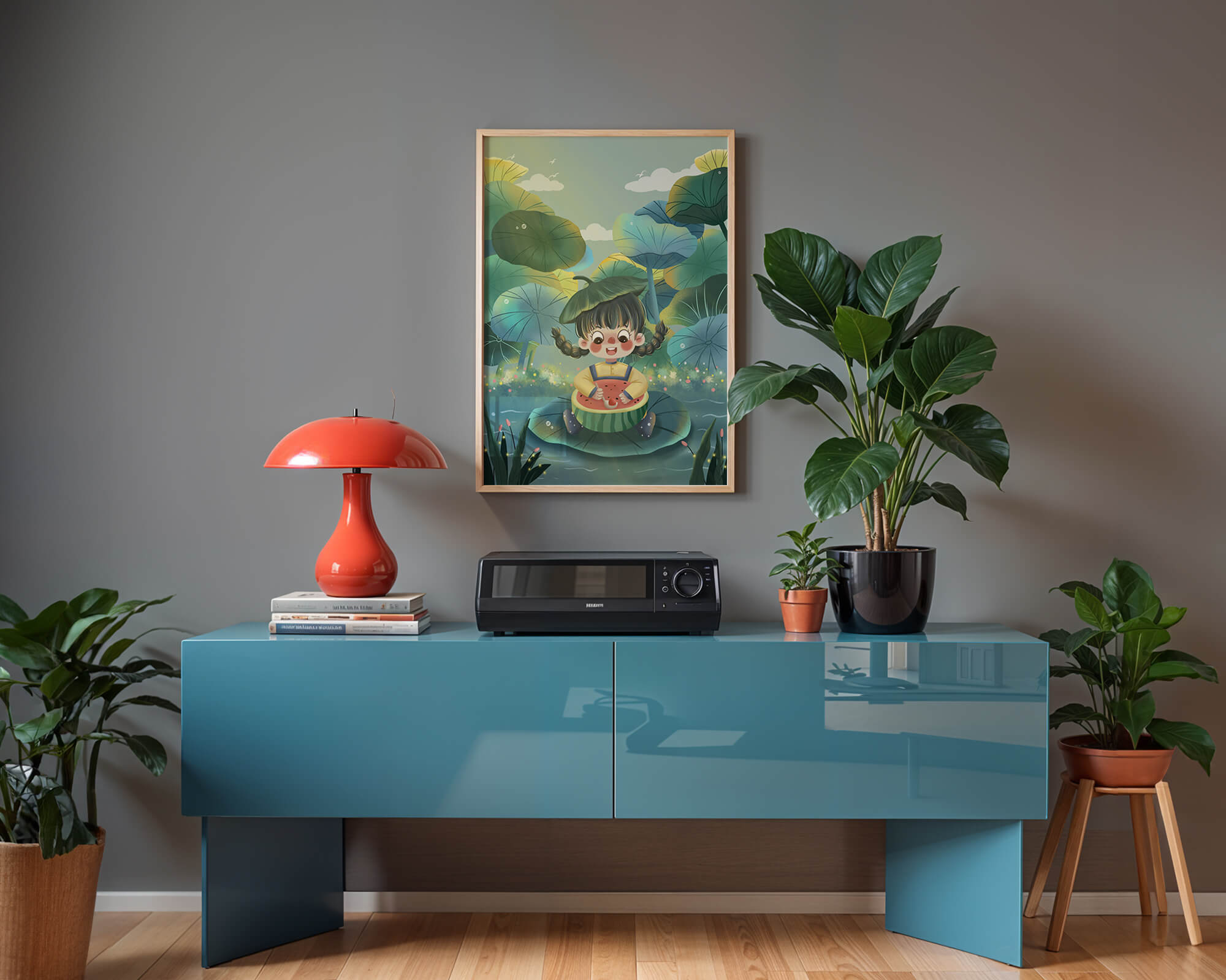 Charming illustration of a child enjoying watermelon amidst whimsical nature