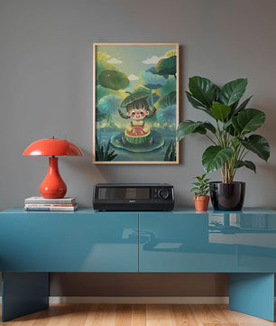 Charming illustration of a child enjoying watermelon amidst whimsical nature