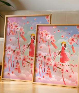 Scène printanière sereine avec des cerisiers en fleurs et une fille portant un chapeau