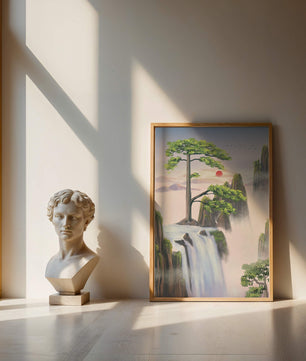 Serene landscape with flowing waterfall and sunrise
