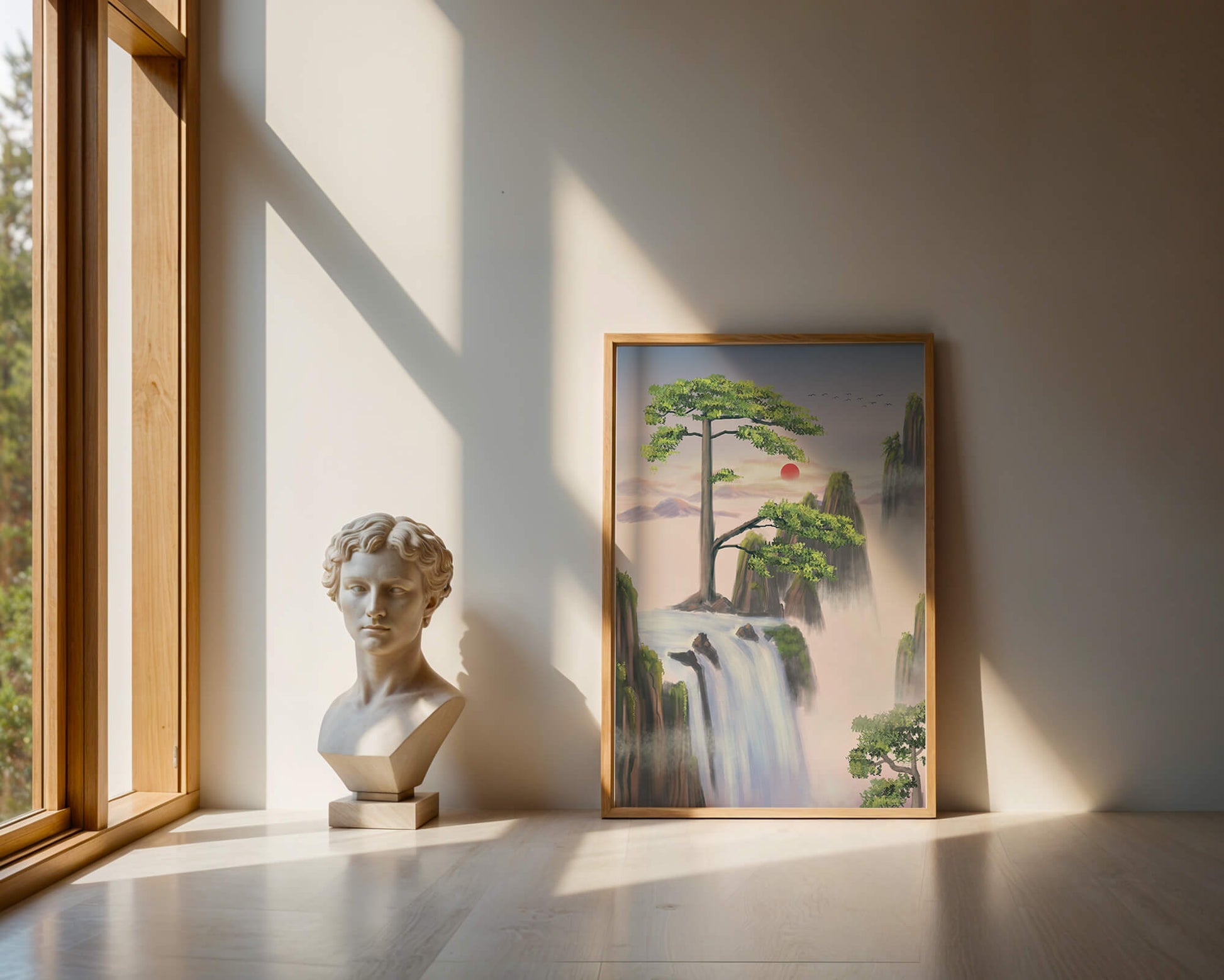 Serene landscape with flowing waterfall and sunrise