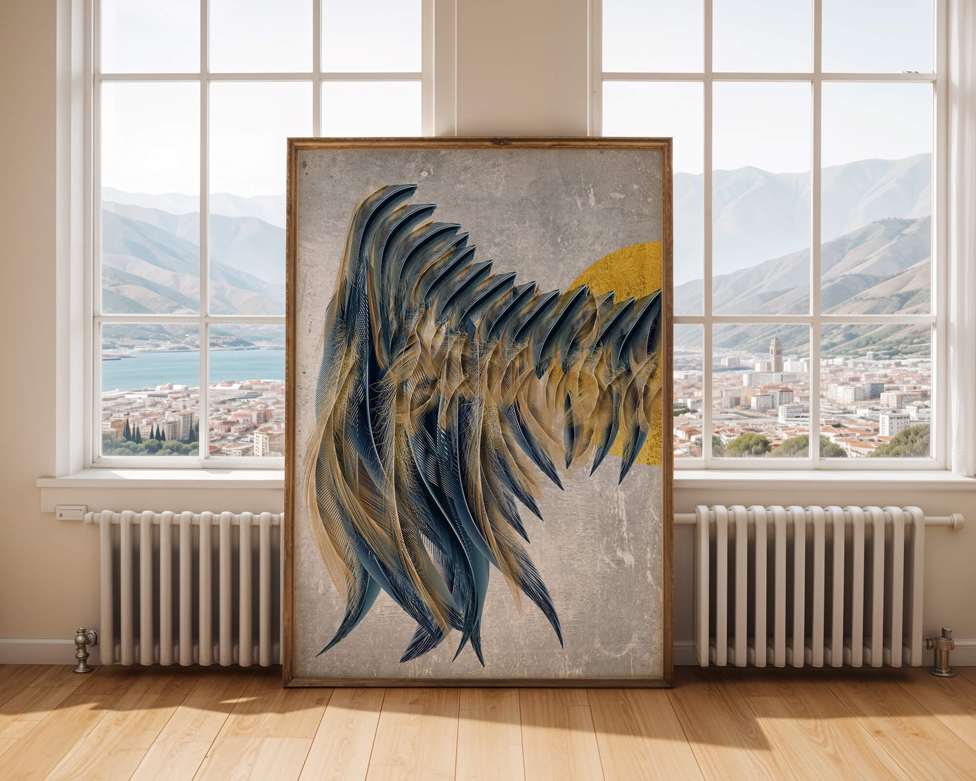Arte abstracto de plumas con detalles dorados sobre fondo texturizado