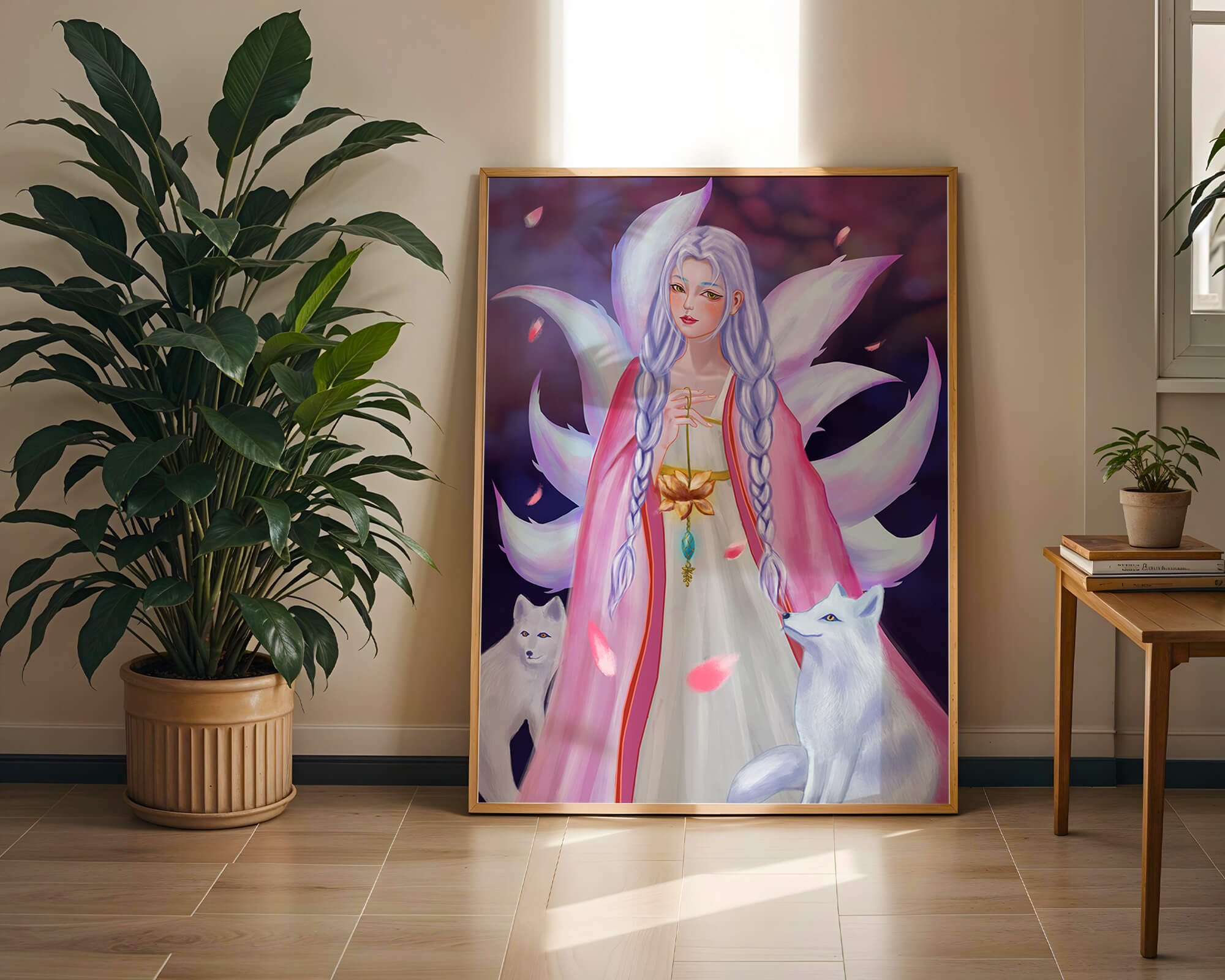 Fantasy art of ethereal figure with foxes and petals