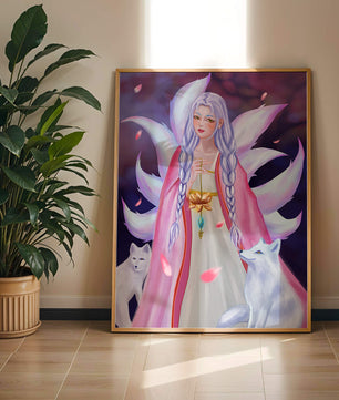 Fantasy art of ethereal figure with foxes and petals