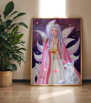 Fantasy art of ethereal figure with foxes and petals