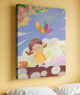 Whimsical illustration of a girl with balloons under vibrant pink blossoms
