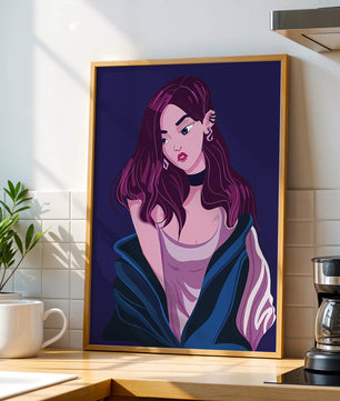 Illustration d'une fille élégante aux cheveux violets et à la veste bleue