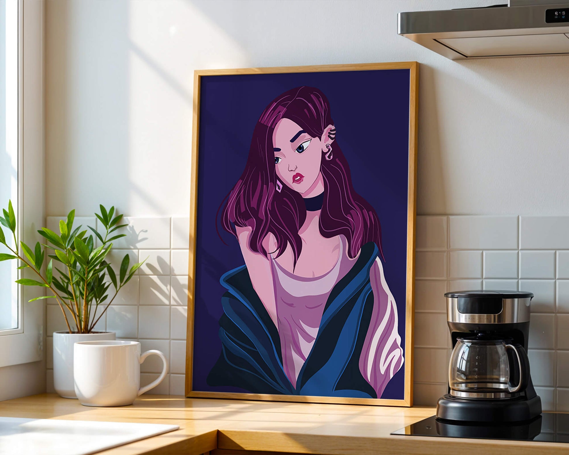 Stylish girl with purple hair and a blue jacket illustration