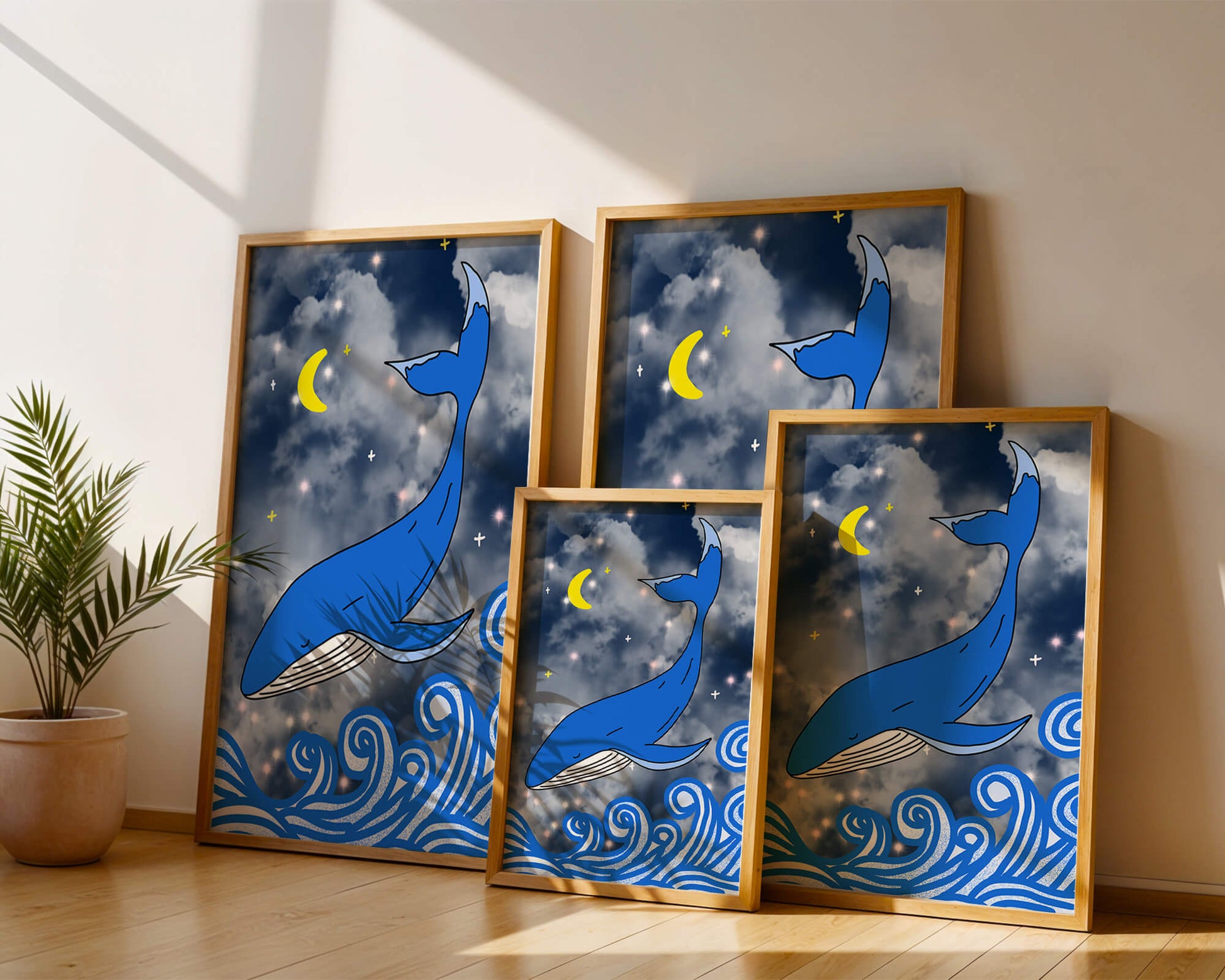 Whimsical blue whale in a starry night ocean scene