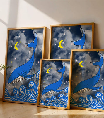 Whimsical blue whale in a starry night ocean scene