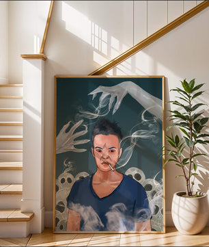 A Person Surrounded by Smoke and Ghostly Hands with Skulls in the Background