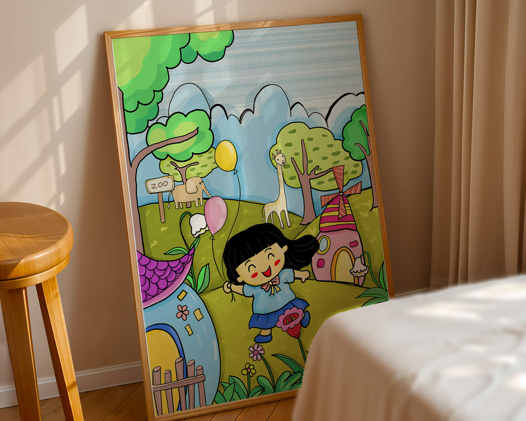Colorful children's illustration of a joyful zoo visit with animals