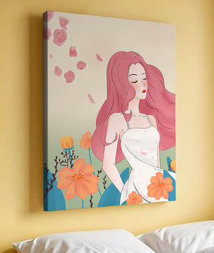 Illustration of a serene woman in a floral dress with flowing red hair