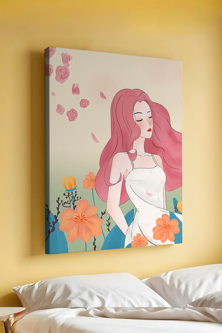 Illustration of a serene woman in a floral dress with flowing red hair