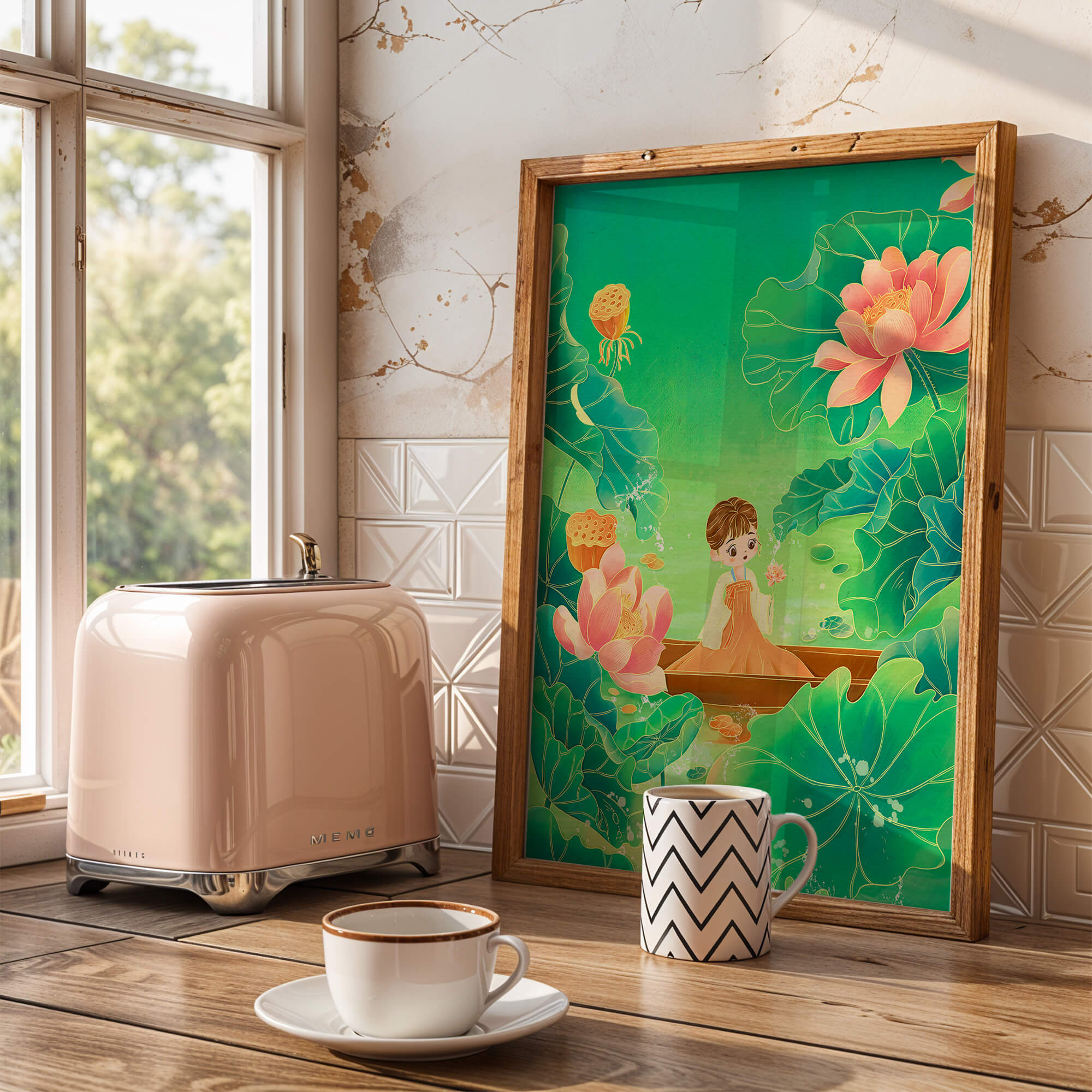 Serene illustration with girl among lotus flowers and green leaves