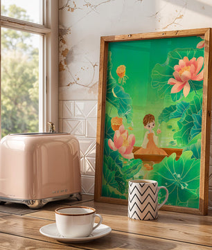 Serene illustration with girl among lotus flowers and green leaves