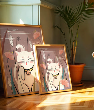 Ilustración de un gato maneki-neko en un entorno de jardín floral